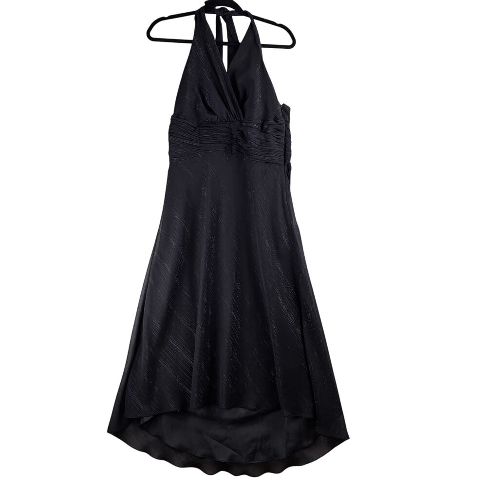 Vintage London Times Hi Low Halter Dress Women's 12 Black Ruched Metallic Formal
